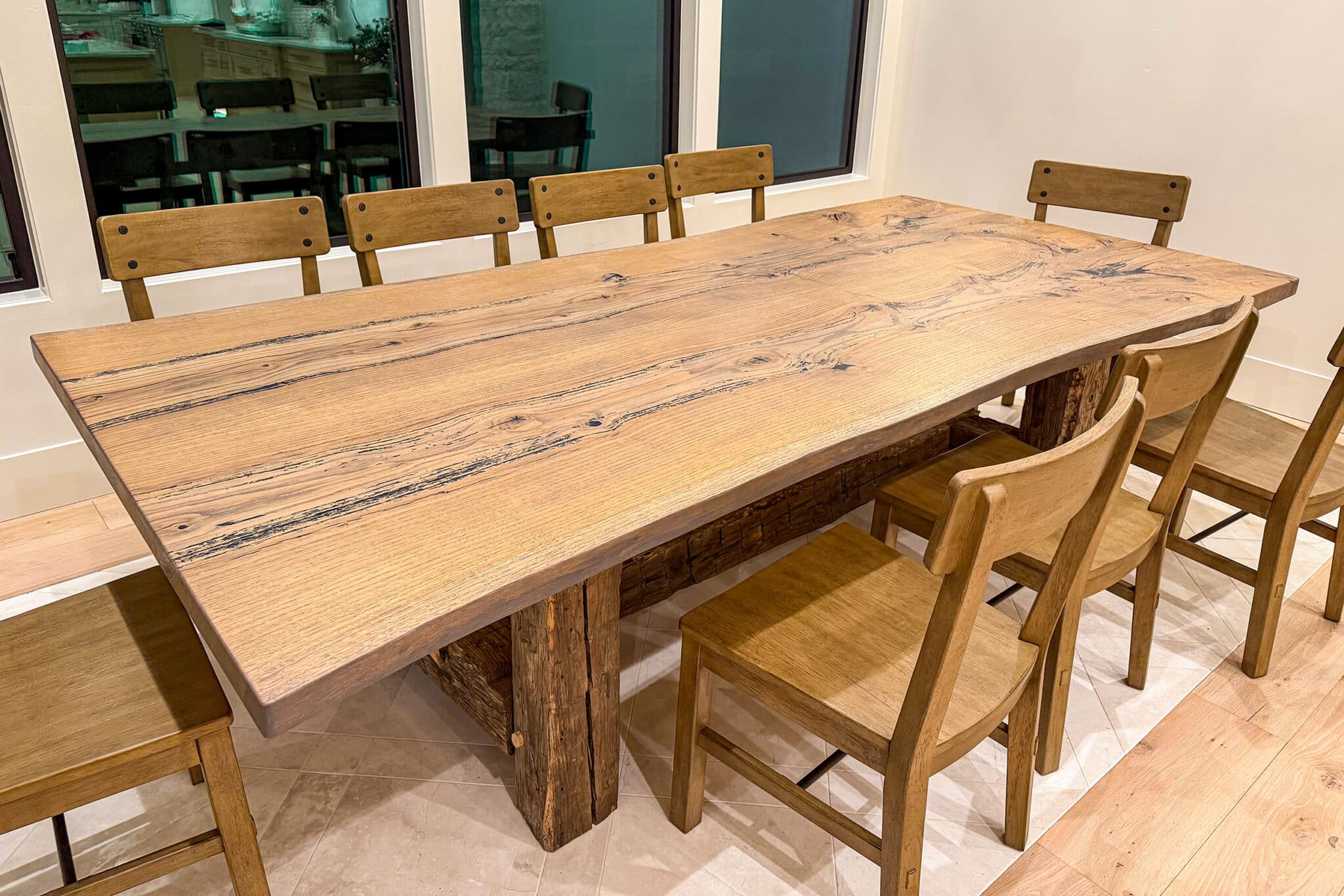 Idaho-Sawmill-Live-Edge-Slab-Table-Countertop-012 Live edge dining room table in Idaho with hand hewn beam base